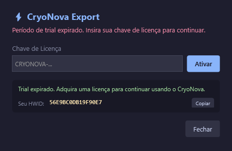 Janela de ativação de licença
